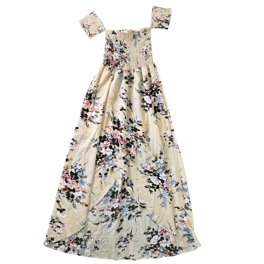 Floral Off Shoulder Smocked‎ Maxi Dress S Romantic Boho Cottagecore Summer